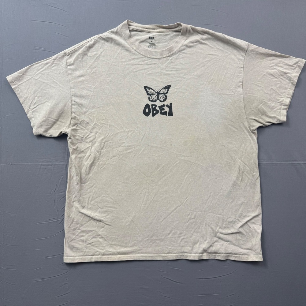Obey Worldwide Butterfly Graphic T-Shirt Tan Mens XL Streetwear Short Sleeve
